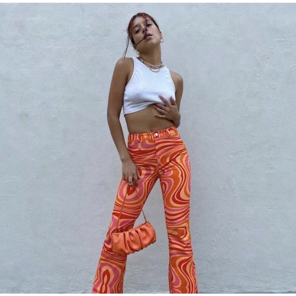 NWOT Finesse Psychedelic Flared Bellbottom Orange Cotton Pants Sz S Inseam 31”